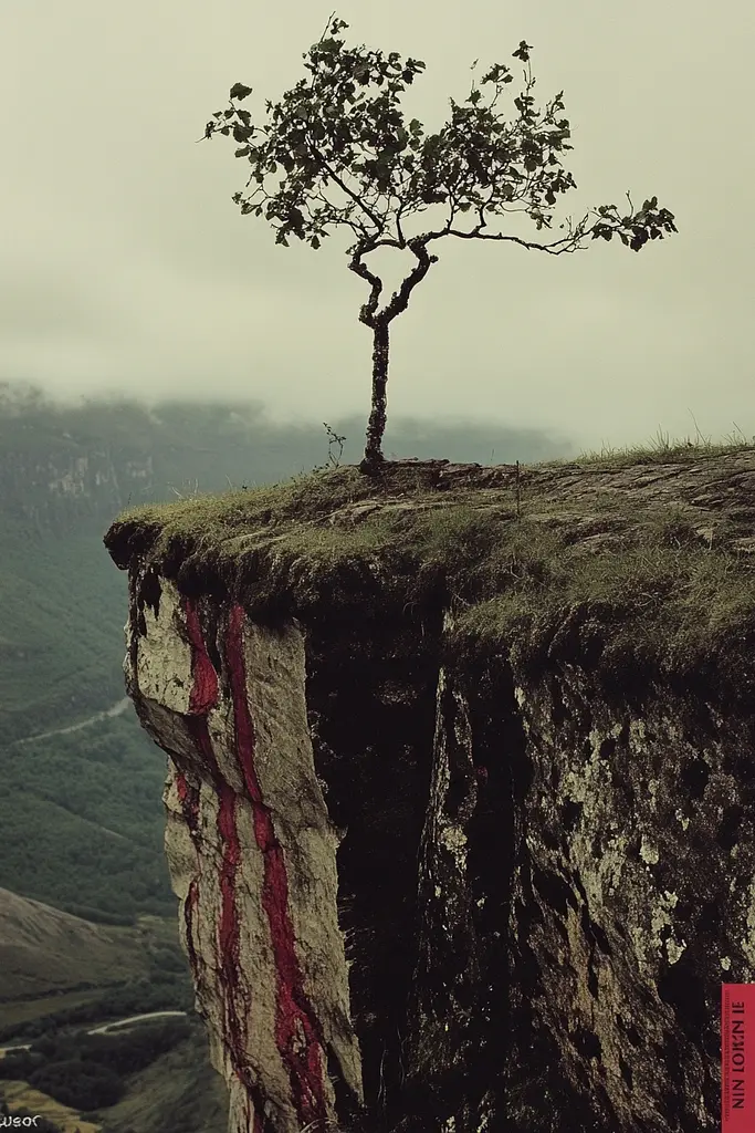 Midjourney generated image using SREF code RED SUBURBIA: A lone tree sitting on top of a cliff.