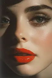 Midjourney generated image using SREF code Vivid Obscurity: A close up of a woman's face with bright orange lipstick.