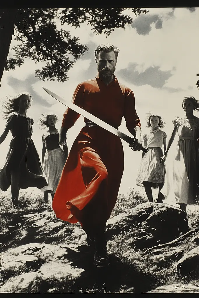 Midjourney generated image using SREF code Vivid Obscurity: A man in a red dress holding a sword in front of a group of children.