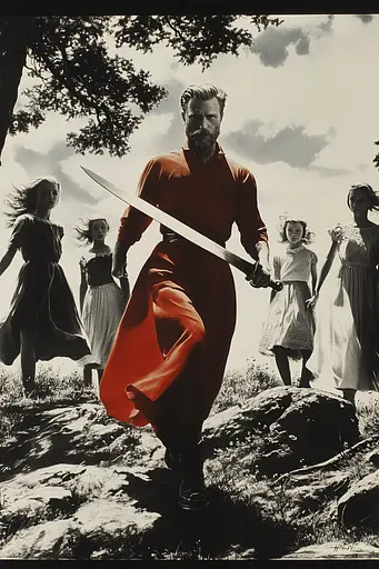 Midjourney generated image using SREF code Vivid Obscurity: A man in a red dress holding a sword in front of a group of children.