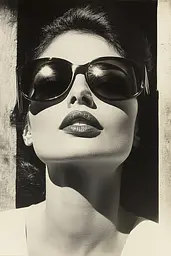 Midjourney generated image using SREF code Vivid Obscurity: A black and white photo of a woman wearing sunglasses.