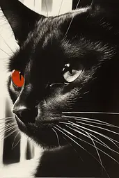 Midjourney generated image using SREF code Vivid Obscurity: A black cat with red eyes staring at the camera.