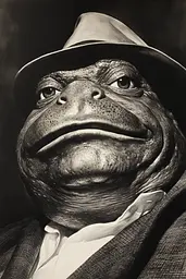 Midjourney generated image using SREF code Vivid Obscurity: A black and white photo of a frog wearing a hat.