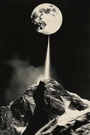 Midjourney generated image using SREF code Vivid Obscurity: A black and white photo of a mountain with a full moon in the sky.