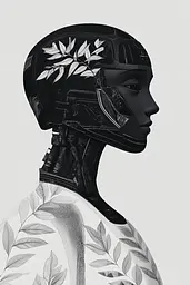 Midjourney generated image using SREF code Shadowed Bloom: A black and white illustration of a woman's head with leaves on it.