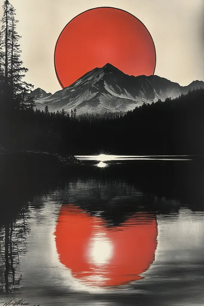 Midjourney generated image using SREF code Vivid Obscurity: A black and white photo of a mountain with a red sun in the background.