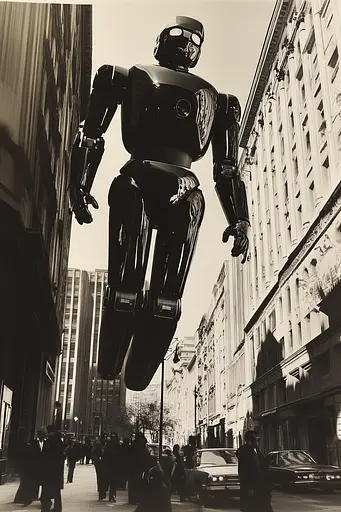 Midjourney generated image using SREF code Vivid Obscurity: A black and white photo of a giant robot in the middle of a city.