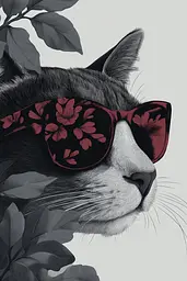 Midjourney generated image using SREF code Shadowed Bloom: A cat wearing sunglasses with flowers on it's face.