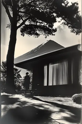 Midjourney generated image using SREF code Vivid Obscurity: A black and white photo of a person standing in front of a house.