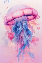 Midjourney generated image using SREF code Serenade Bloom: A pink and blue jellyfish floating in the water.