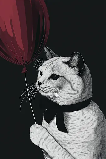 Midjourney generated image using SREF code Shadowed Bloom: A cat with a bow tie holding a red balloon.