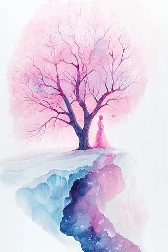 Midjourney generated image using SREF code Serenade Bloom: A watercolor painting of a woman standing under a tree.