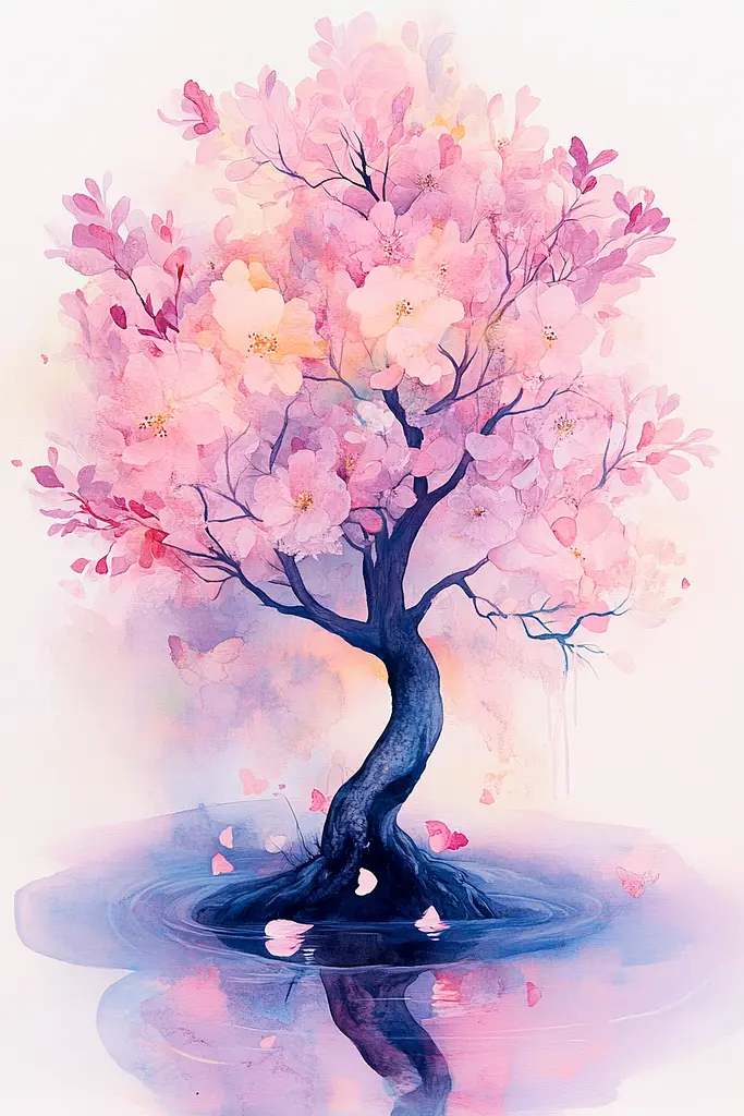 Midjourney generated image using SREF code Serenade Bloom: A painting of a tree with pink flowers in the water.