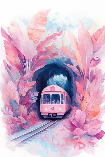 Midjourney generated image using SREF code Serenade Bloom: A pink train going through a tunnel surrounded by pink leaves.