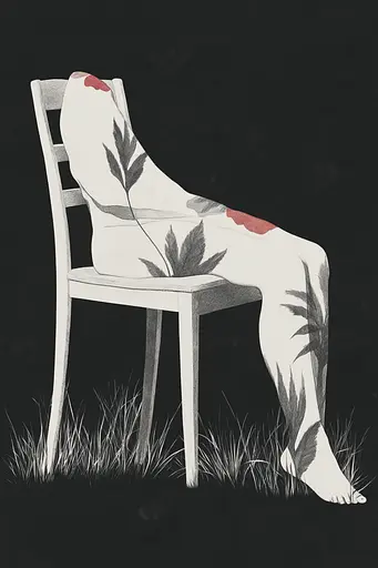 Midjourney generated image using SREF code Shadowed Bloom: A drawing of a person sitting on a chair in the grass.