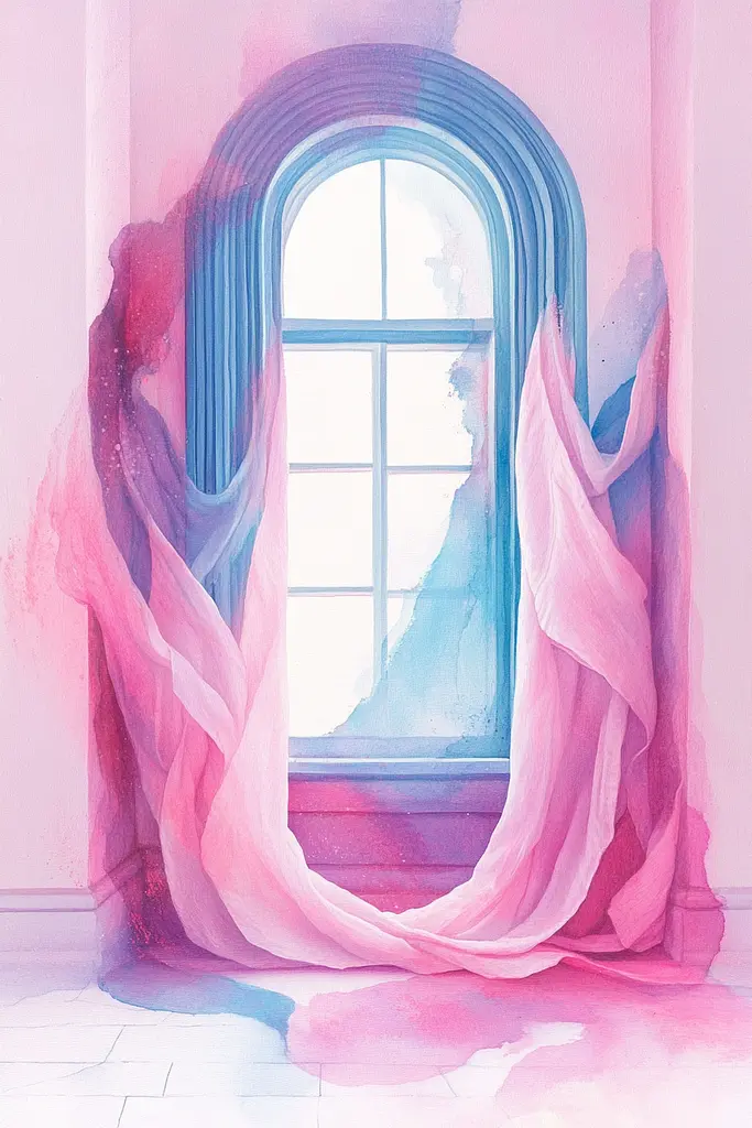 Midjourney generated image using SREF code Serenade Bloom: A painting of a window with a pink curtain.