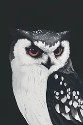 Midjourney generated image using SREF code Shadowed Bloom: A black and white owl with red eyes.