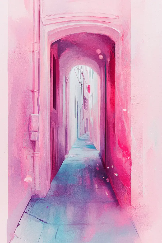 Midjourney generated image using SREF code Serenade Bloom: A painting of an alleyway in a pink and blue color.