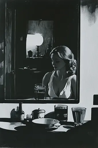 Midjourney generated image using SREF code Gritty Dissonance: A black and white photo of a woman looking at herself in the mirror.