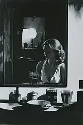 Midjourney generated image using SREF code Gritty Dissonance: A black and white photo of a woman looking at herself in the mirror.