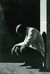 Midjourney generated image using SREF code Gritty Dissonance: A black and white photo of a man sitting on the ground.