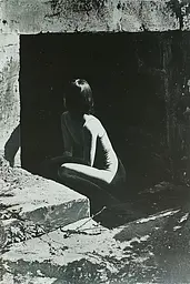 Midjourney generated image using SREF code Gritty Dissonance: A black and white photo of a woman sitting in a doorway.