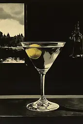 Midjourney generated image using SREF code Gritty Dissonance: A martini glass with a lemon sitting on a table.