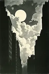 Midjourney generated image using SREF code Gritty Dissonance: A black and white photo of a city with a full moon in the sky.