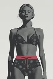 Midjourney generated image using SREF code Shadowed Bloom: A woman in a black bikini top and a red waistband.