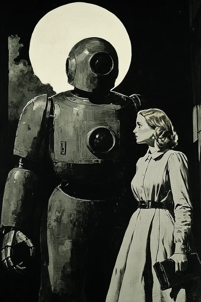 Midjourney generated image using SREF code Gritty Dissonance: A woman standing next to a robot in a dark room.