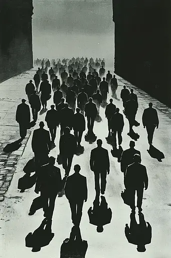 Midjourney generated image using SREF code Gritty Dissonance: A large group of people walking down a street.