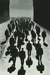 Midjourney generated image using SREF code Gritty Dissonance: A large group of people walking down a street.