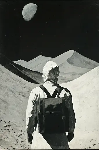 Midjourney generated image using SREF code Gritty Dissonance: A black and white photo of a man with a backpack in the desert.