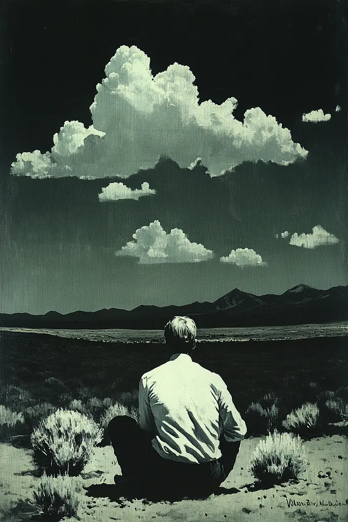 Midjourney generated image using SREF code Gritty Dissonance: A man sitting in the middle of a desert looking at the sky.