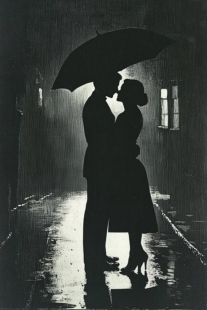 Midjourney generated image using SREF code Gritty Dissonance: A silhouette of a man and woman kissing under an umbrella.