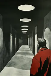 Midjourney generated image using SREF code Gritty Dissonance: A man in a red jacket walking down a long hallway.