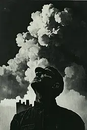 Midjourney generated image using SREF code Gritty Dissonance: A black and white photo of a man looking up at the sky.