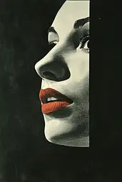 Midjourney generated image using SREF code Gritty Dissonance: A black and white photo of a woman's face with red lipstick.