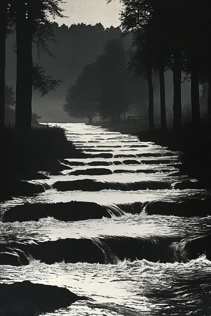 Midjourney generated image using SREF code Gritty Dissonance: A black and white photo of a river in the woods.