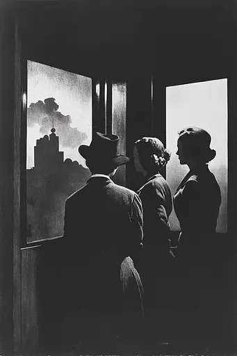 Midjourney generated image using SREF code Gritty Dissonance: A black and white photo of three people looking out a window.