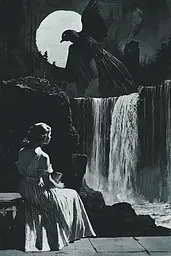 Midjourney generated image using SREF code Gritty Dissonance: A woman sitting on a ledge next to a waterfall.