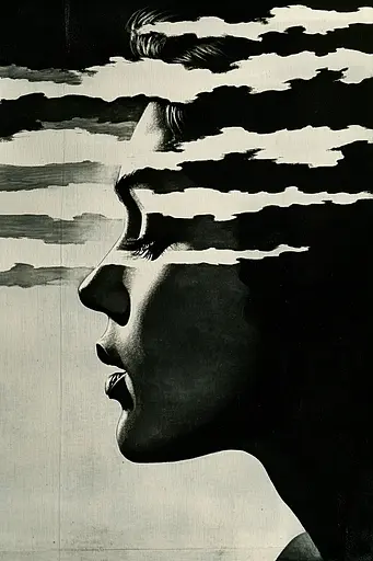 Midjourney generated image using SREF code Gritty Dissonance: A black and white photo of a woman's face with clouds in the background.