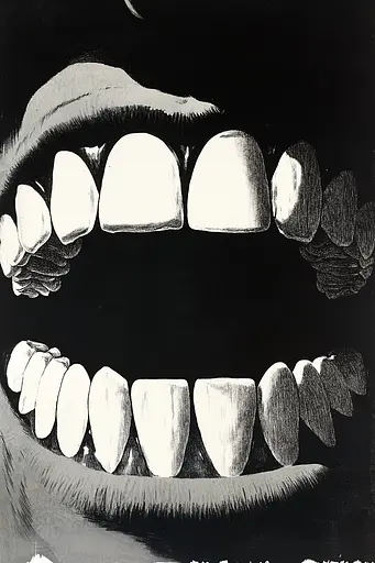 Midjourney generated image using SREF code Gritty Dissonance: A black and white drawing of a woman's mouth with teeth.