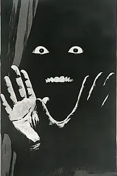 Midjourney generated image using SREF code Gritty Dissonance: A black and white image of a person's face with their hands outstretched.