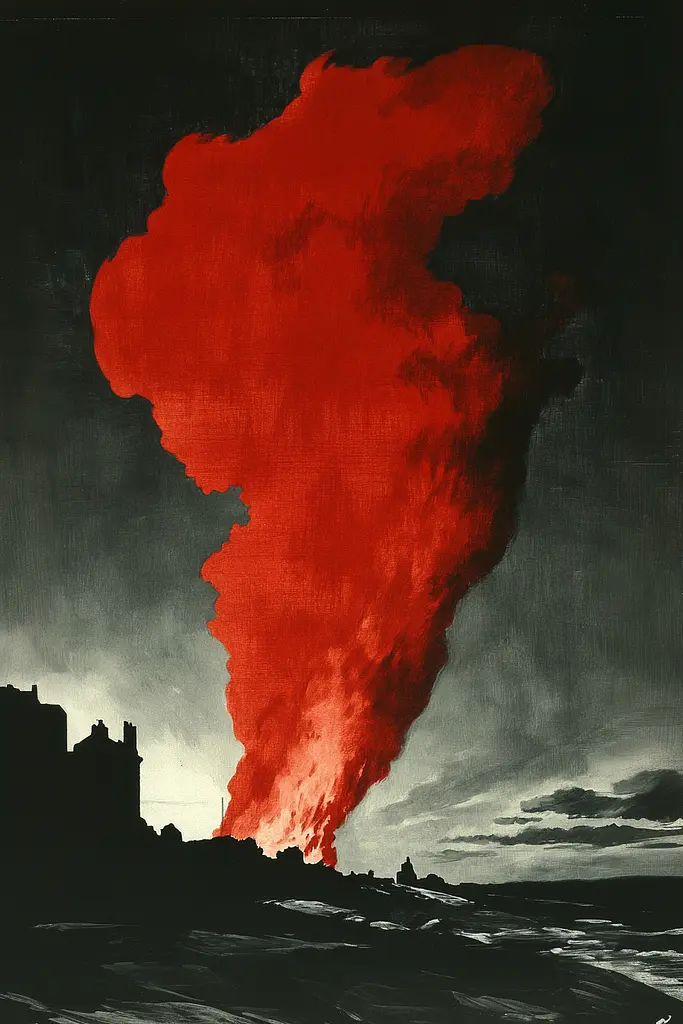 Midjourney generated image using SREF code Gritty Dissonance: A painting of a large red cloud of smoke coming out of a castle.