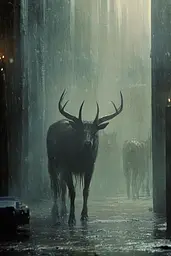 Midjourney generated image using SREF code Gloomlit Transcendence: A deer standing in the middle of a city in the rain.