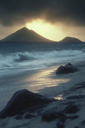 Midjourney generated image using SREF code Gloomlit Transcendence: A view of a beach with a mountain in the background.