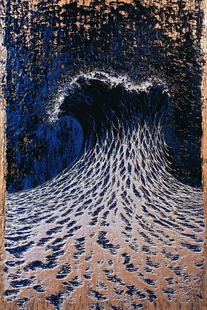 Midjourney generated image using SREF code Wavescape Dreams: A painting of a large wave in the ocean.