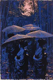 Midjourney generated image using SREF code Wavescape Dreams: A group of women with umbrellas standing in the woods.