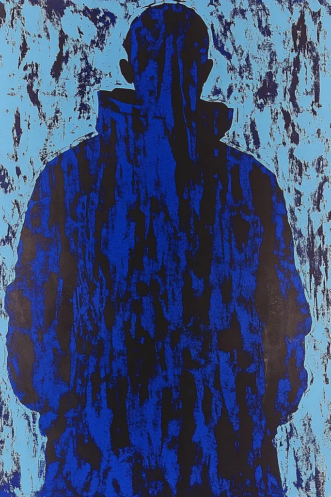 Midjourney generated image using SREF code Wavescape Dreams: A blue and black painting of a man standing in front of a wall.